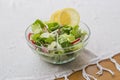 Delicious healthy vegetarian lettuce salad, with red and white radish, spring garlic, lemon slices and basil,