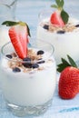 Delicious and healthy yogurt with granola or muesli with nuts,