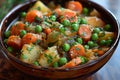 A delicious and hearty bowl of vegetable stew with chunks of carrots, potatoes, and peas