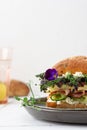 Delicious hearty burger close-up on a plate