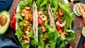 Hispanic mexican food, meat tacos with shrimps on dark background Royalty Free Stock Photo