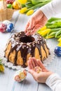 Delicious holiday slovak and czech cake babovka with chocolate glaze. Female hands decorating a cake .Easter decorations - spring Royalty Free Stock Photo