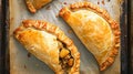 Delicious home baked Cornish pasties with minced meat and vegetables. Traditional specialty of British cuisine