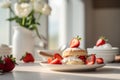 Delicious home baked English scone with clotted cream and fresh strawberries on a white plate. Bright morning light