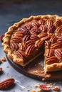 Delicious home baked pecan pit with caramel nutty filling, cut out slice. Traditional American sweet pastry originating from