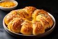 Delicious home baked pull apart potato rolls with cheddar cheese. Savory pastry for family dinner Thanksgiving menu