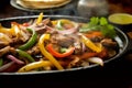 Delicious home cooked beef steak fajitas in iron cast skillet with colorful sweet peppers and onions