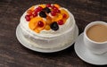 Delicious home made cake with fruits and cream. Royalty Free Stock Photo