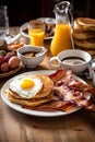 A delicious home-style breakfast with crispy bacon, eggs, pancakes, toast, coffee, and orange juice AI generated Royalty Free Stock Photo