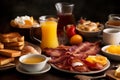 A delicious home-style breakfast with crispy bacon, eggs, pancakes, toast, coffee, and orange juice AI generated