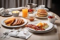 A delicious home-style breakfast with crispy bacon, eggs, pancakes, toast, coffee, and orange juice AI generated Royalty Free Stock Photo