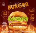 Delicious homemade beef burger with BBQ grill fire banner ads Royalty Free Stock Photo