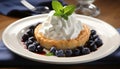 Delicious homemade blueberry tartlet with fresh, juicy blueberries on a pristine white plate