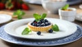 Delicious homemade blueberry tartlet with fresh, juicy blueberries on a pristine white plate