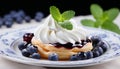 Delicious homemade blueberry tartlet with fresh, plump blueberries on a pristine white plate