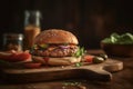 Delicious homemade burger of beef, cheese and vegetables on a cutting board. Generative AI