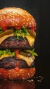 Delicious homemade burger captured in captivating dark background banner Royalty Free Stock Photo