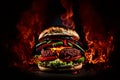 Delicious homemade burger with chili on fire black background. Generative AI