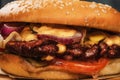 Delicious homemade burger or hamburger with juicy meat, fast food, close up