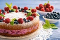 Delicious homemade cake with berry cheese cream. Royalty Free Stock Photo