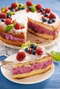 Delicious homemade cake with berry cheese cream. Royalty Free Stock Photo