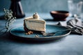 Delicious homemade cheescake in blue tones and moody scenary.