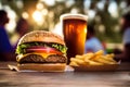 A delicious homemade cheese hamburger meal with fries and drink, on a wooden park table, social gathering bbq at the park, generat