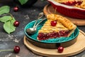 Delicious Homemade Cherry Pie, Flaky Crust, piece on a plate and the whole homemade cherry pie, place for text, top view Royalty Free Stock Photo