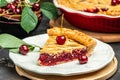 Delicious Homemade Cherry Pie, Flaky Crust, piece on a plate and the whole homemade cherry pie, top view Royalty Free Stock Photo