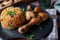 Chicken drumsticks with serbian djuvec rice on a plate Royalty Free Stock Photo