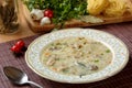 Delicious homemade chicken soup with traditional bulgarian liaison, noodles, parsley, bay leaf and grated carrots