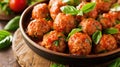 Delicious homemade chicken or turkey meatballs with rice, vegetable and tomato sauce