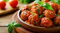 Delicious homemade chicken or turkey meatballs with rice, vegetable and tomato sauce
