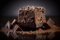 Delicious homemade chocolate brownie isolated on dark background. AI generated. Selective focus