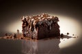 Delicious homemade chocolate brownie isolated on dark background. AI generated. Selective focus