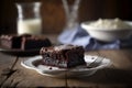 Delicious homemade chocolate brownie isolated on dark background. AI generated. Selective focus