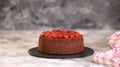 Delicious Homemade Chocolate Cheesecake Decorated With Cherry Sauce. Royalty Free Stock Photo