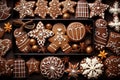 Delicious homemade christmas gingerbread cookies arranged on right side of table in overhead view