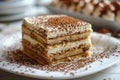 Delicious Homemade Classic Tiramisu Dessert Sprinkled with Cocoa Powder on White Plate, Italian Cuisine Concept Royalty Free Stock Photo