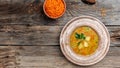 Delicious homemade curried lentil soup. Traditional middle eastern, turkish , ramadan cuisine. Vegan food, Long banner format, top