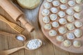 Delicious homemade dumplings with meat stacked on the kitchen board. Pelmeni