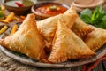 Delicious Homemade Golden Brown Fried Samosas on Rustic Plate with Chutneys and Fresh Herbs Side View