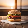 Delicious homemade hamburger on wooden surface