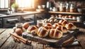 Freshly Baked Hot Cross Buns on Wooden Board, Easter Concept Royalty Free Stock Photo