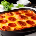 Delicious homemade Italian Lasagna, minced beef bolognese sauce, hot tasty Lasagna with cheese Royalty Free Stock Photo