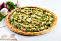 Delicious homemade Italian pizza with mushrooms and broccoli on