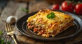 Delicious homemade lasagna on rustic wooden table