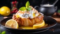 Delicious homemade lemon pie with fresh lemon slices on a rustic wooden table background