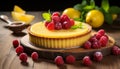 Delicious homemade lemon pie with fresh lemon slices and zest on a rustic wooden background
