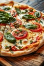 Delicious Homemade Margherita Pizza Topped With Fresh Basil and Tomatoes on a Wooden Table Royalty Free Stock Photo